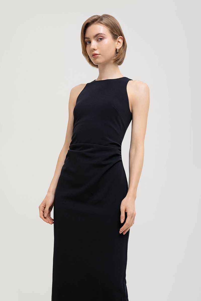 KELSIE RACER NECK RUCHED MIDI DRESS