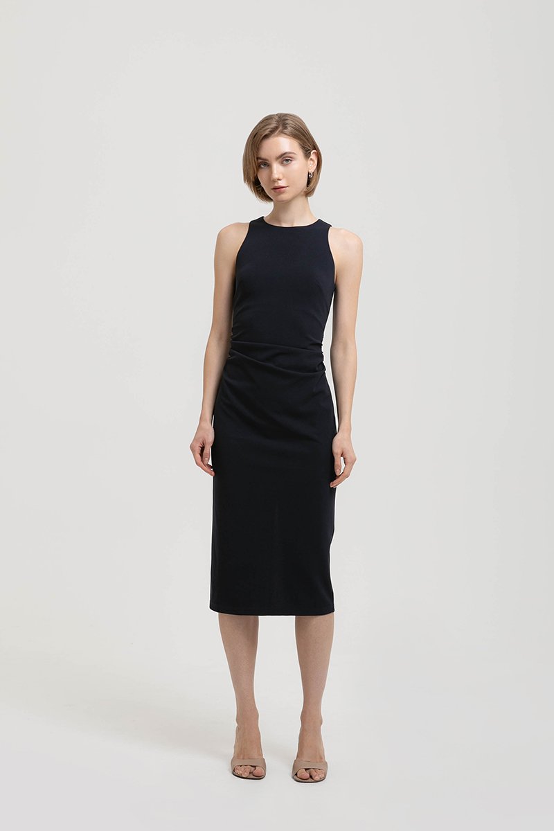 KELSIE RACER NECK RUCHED MIDI DRESS