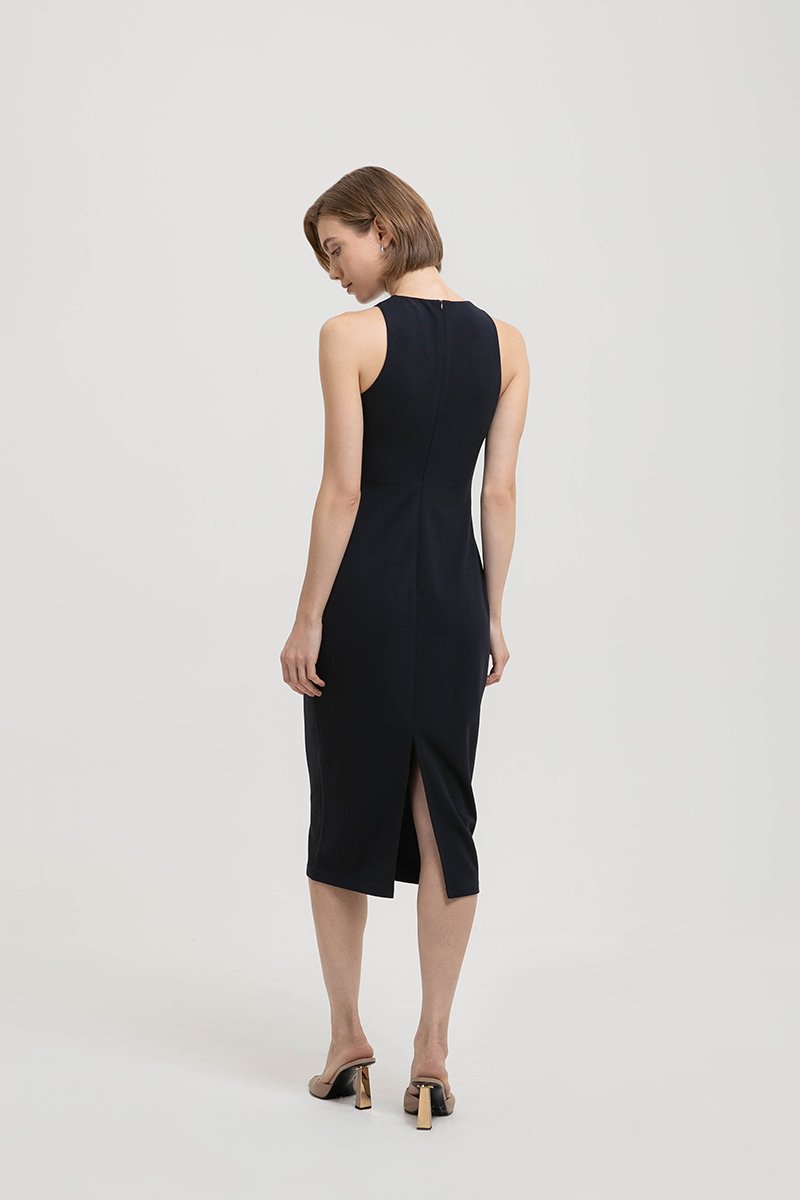 KELSIE RACER NECK RUCHED MIDI DRESS