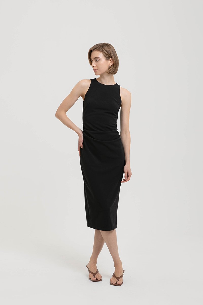 KELSIE RACER NECK RUCHED MIDI DRESS