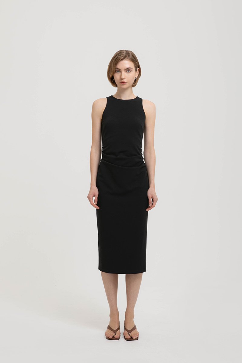 KELSIE RACER NECK RUCHED MIDI DRESS