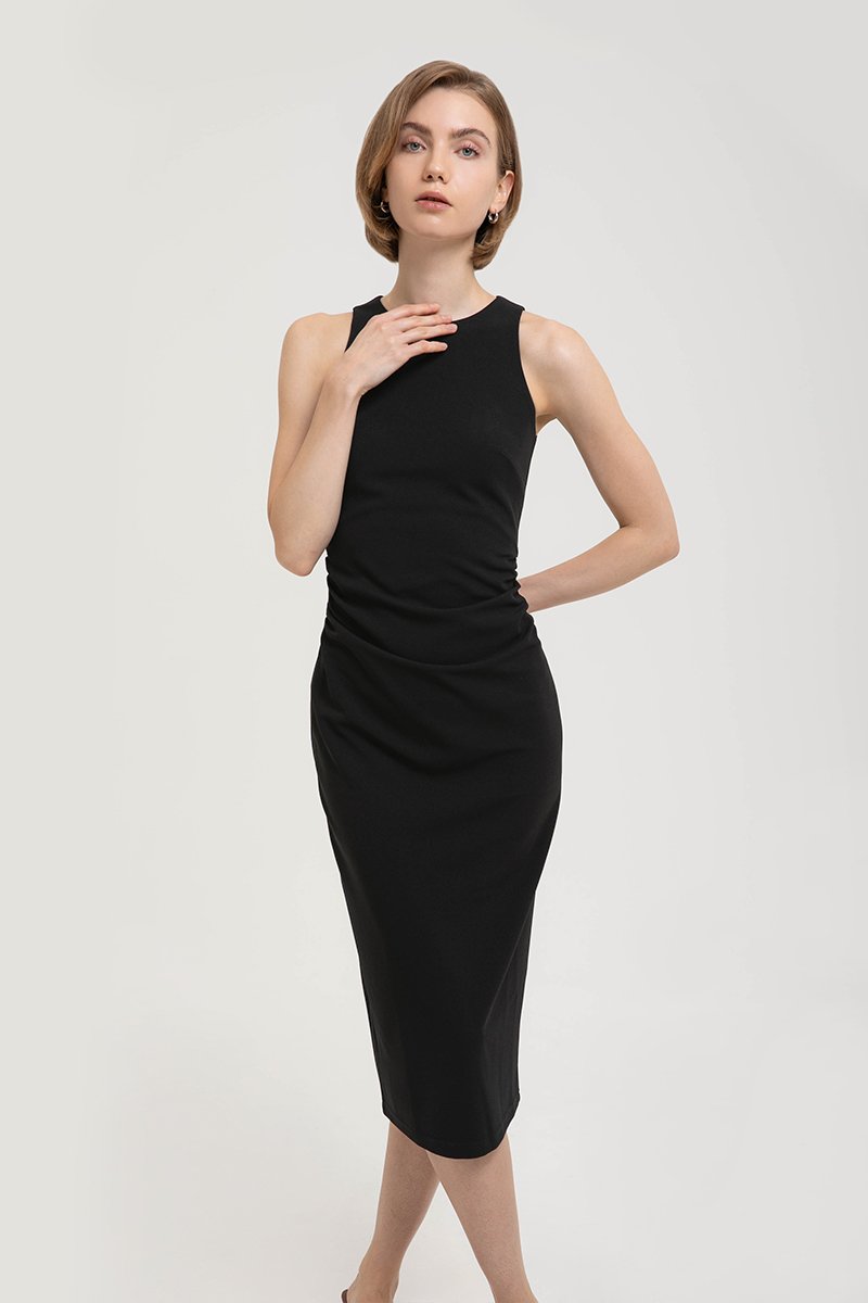 KELSIE RACER NECK RUCHED MIDI DRESS