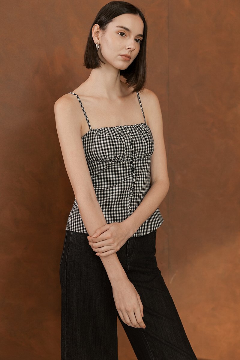 YULIA GINGHAM RUCHED PADDED CAMI TOP