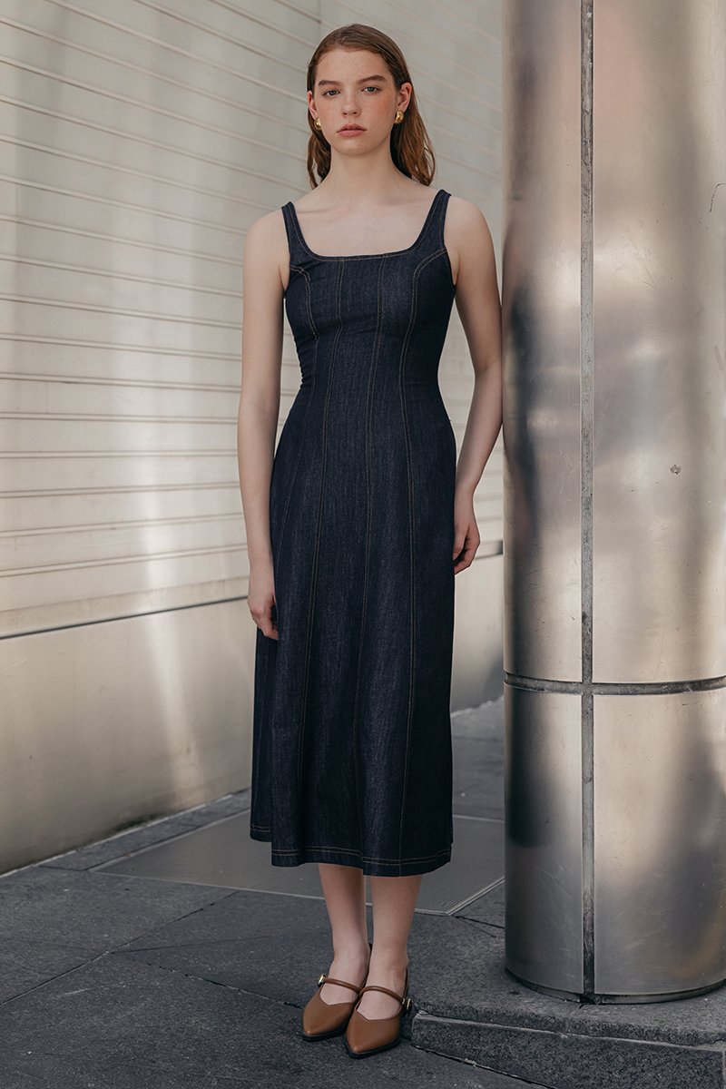 CHRISTA PANELLED DENIM MIDI DRESS
