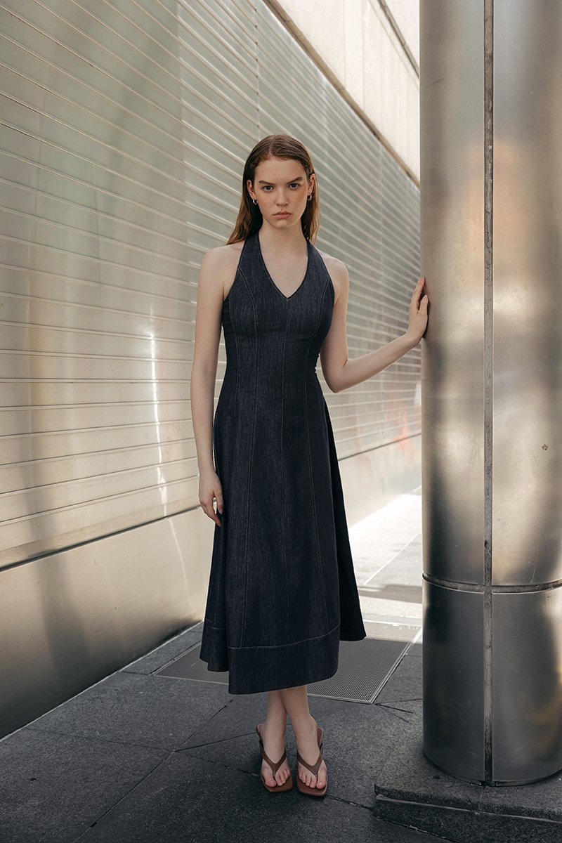 TAMARA HALTER PANELLED DENIM DRESS