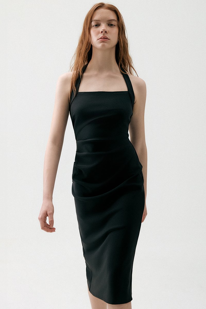 ADELINE HALTER RUCHED MIDI DRESS