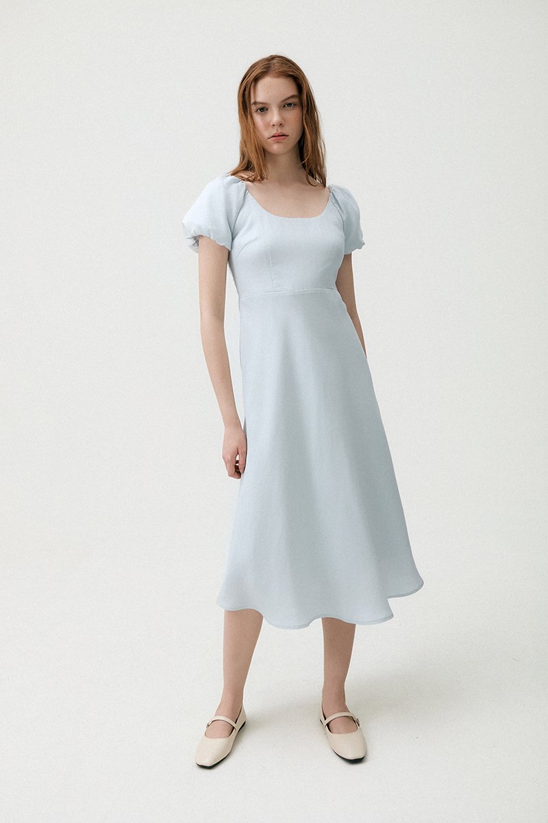 JOLINA PUFF SLEEVES BIAS LINEN DRESS