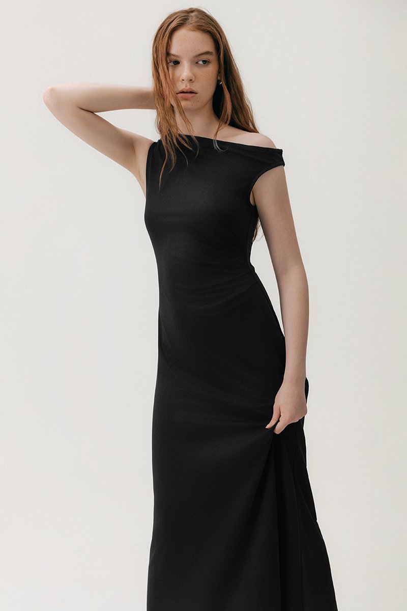 JANEY ASYMMETRIC RUCHED MIDI DRESS