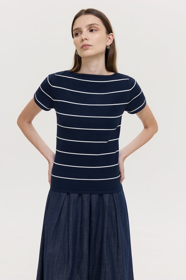 BRIGETTE BOAT NECK STRIPED KNIT TOP
