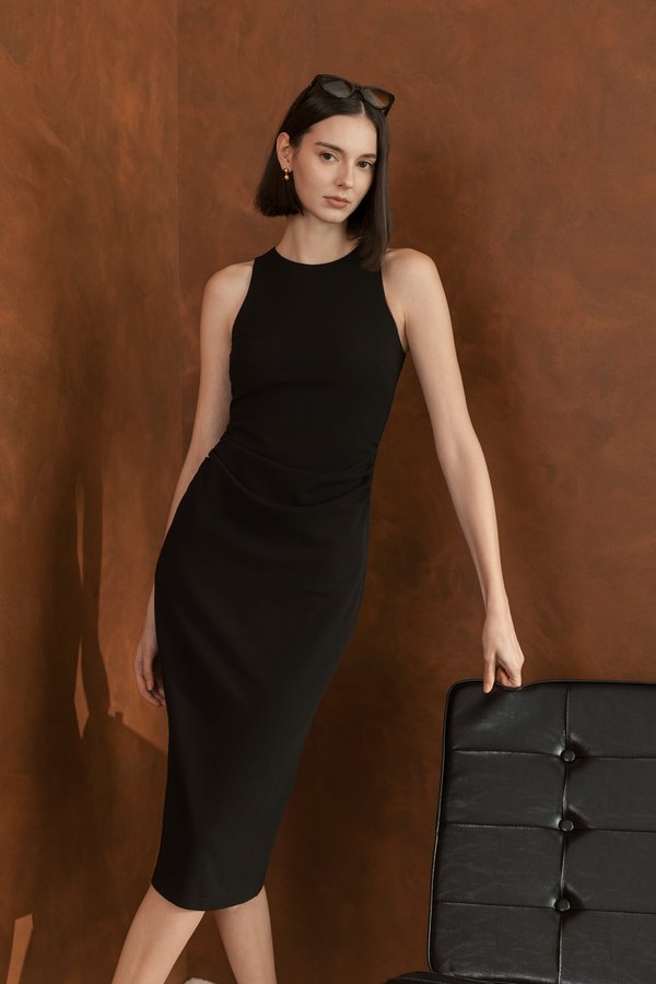 KELSIE RACER NECK RUCHED MIDI DRESS