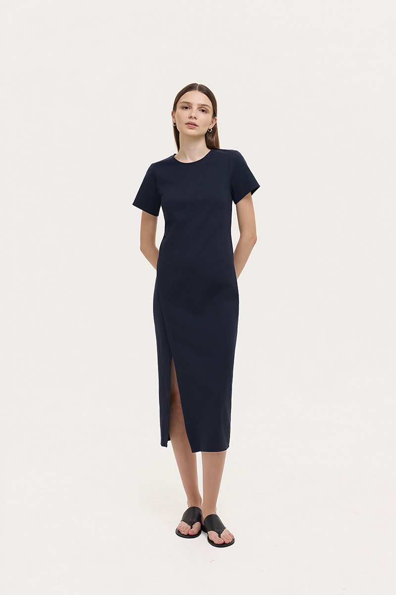 JENNA ASYMMETRIC SHEATH MIDI DRESS
