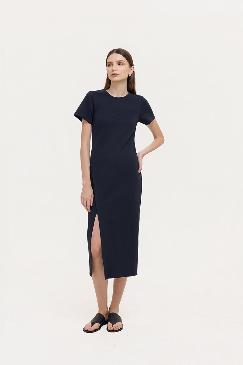 JENNA ASYMMETRIC SHEATH MIDI DRESS