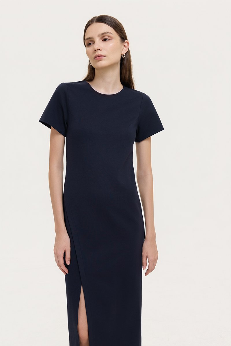 JENNA ASYMMETRIC SHEATH MIDI DRESS