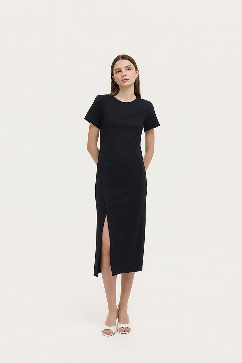 JENNA ASYMMETRIC SHEATH MIDI DRESS