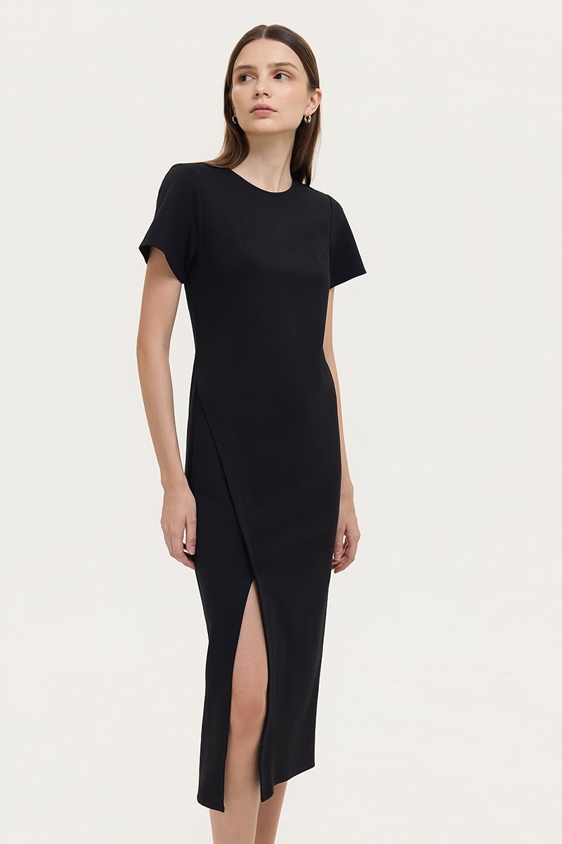JENNA ASYMMETRIC SHEATH MIDI DRESS