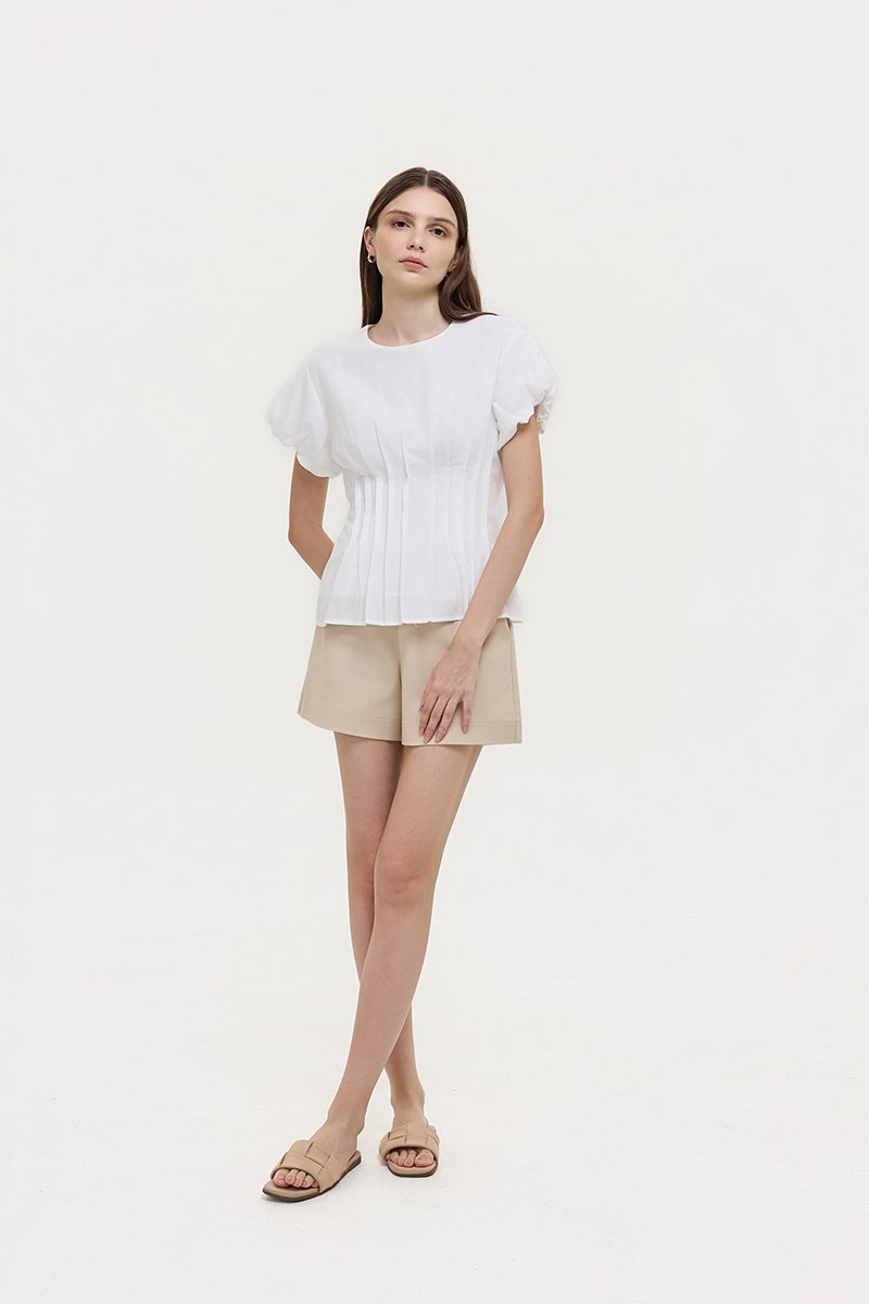 HALLIA PUFF SLEEVES PLEATED LINEN TOP
