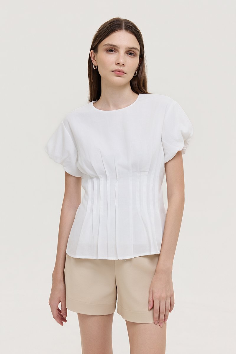 HALLIA PUFF SLEEVES PLEATED LINEN TOP