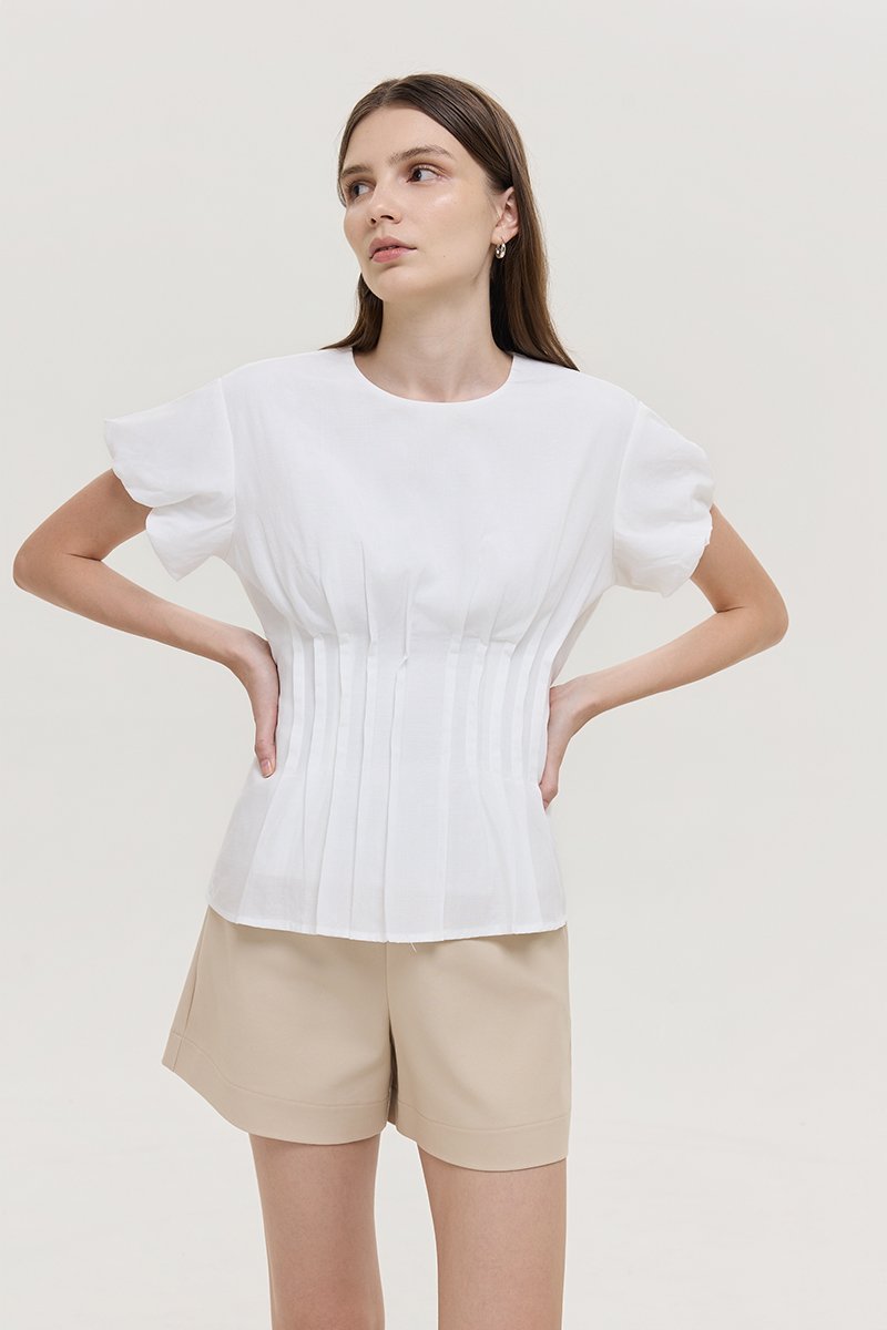HALLIA PUFF SLEEVES PLEATED LINEN TOP