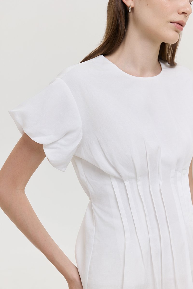 HALLIA PUFF SLEEVES PLEATED LINEN TOP