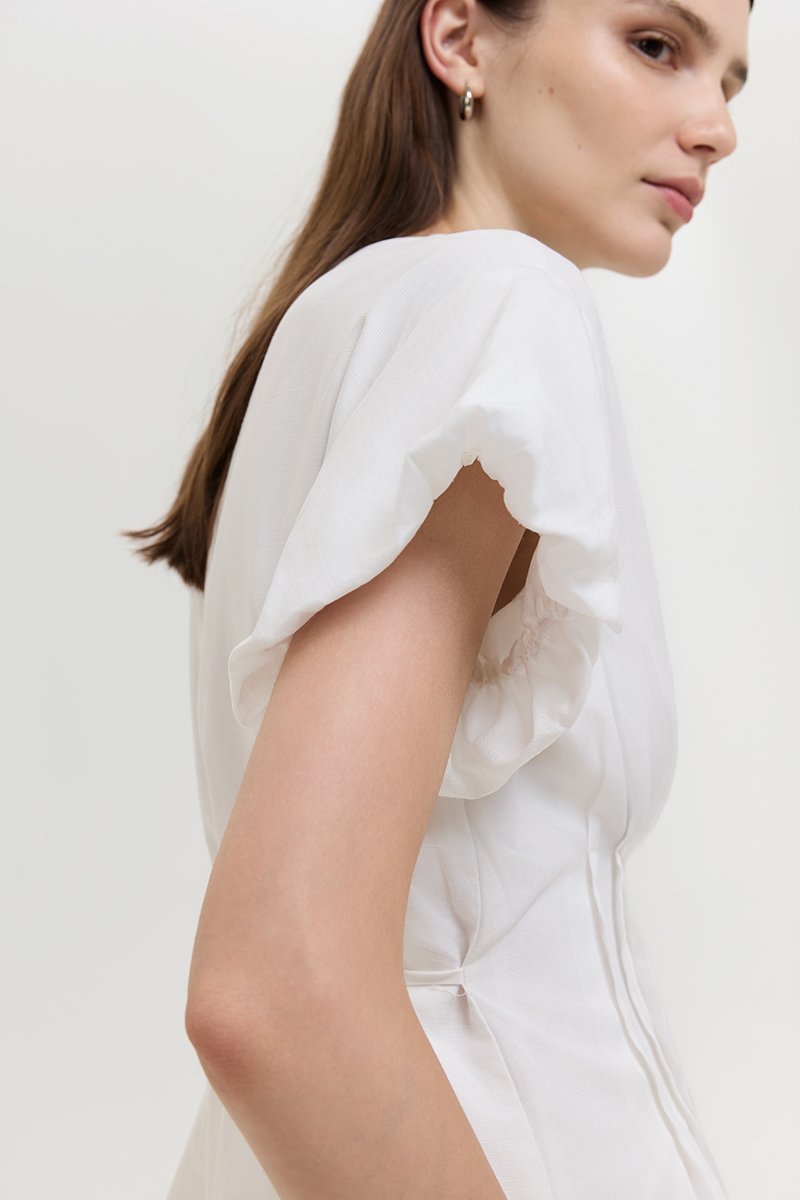 HALLIA PUFF SLEEVES PLEATED LINEN TOP