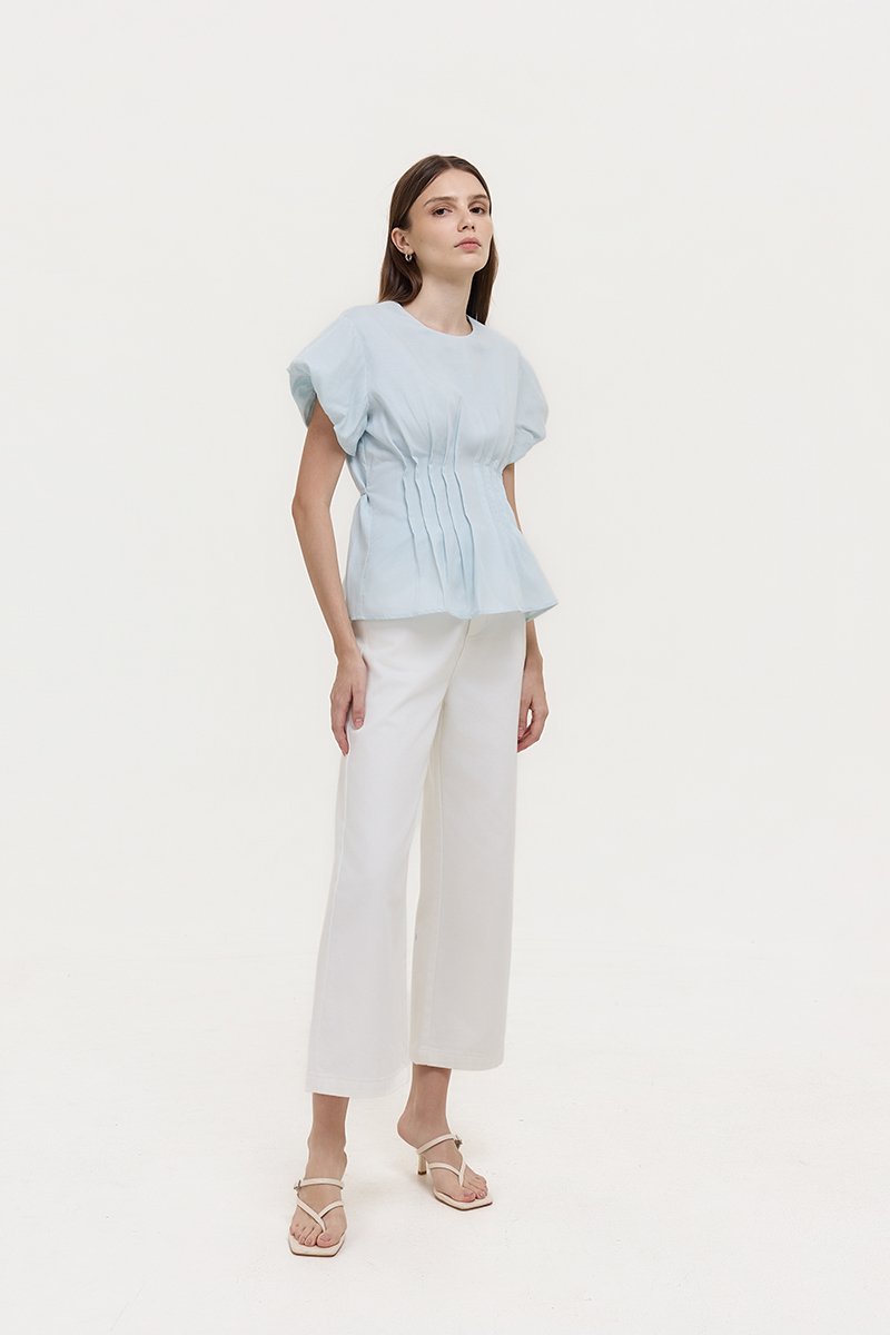 HALLIA PUFF SLEEVES PLEATED LINEN TOP