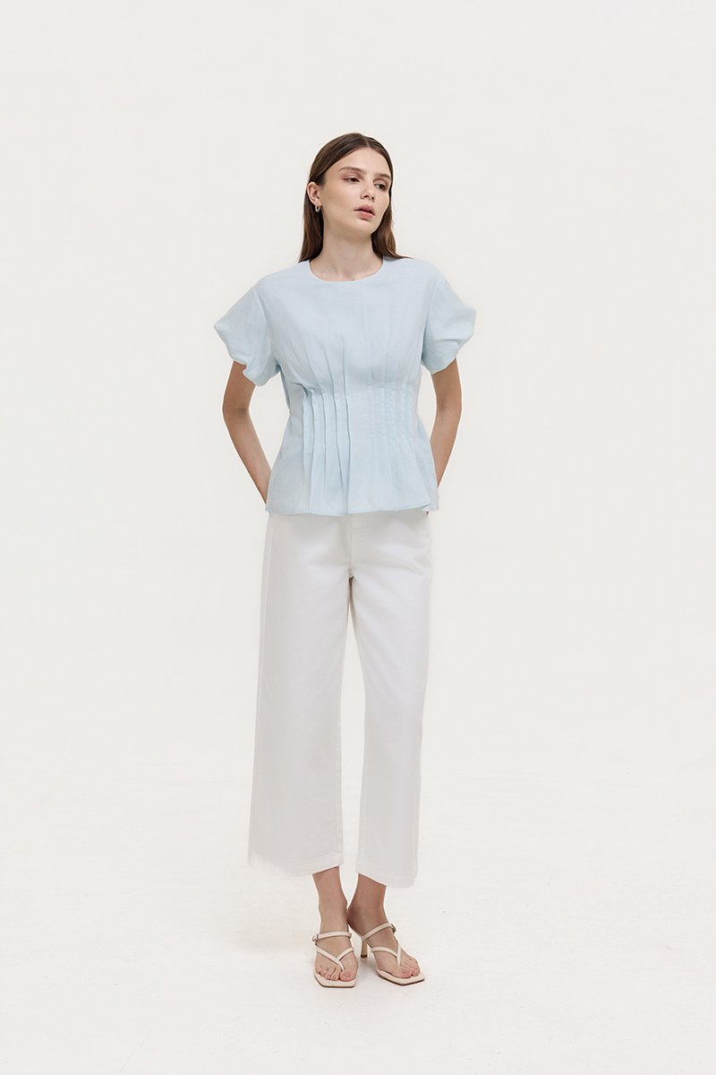 HALLIA PUFF SLEEVES PLEATED LINEN TOP