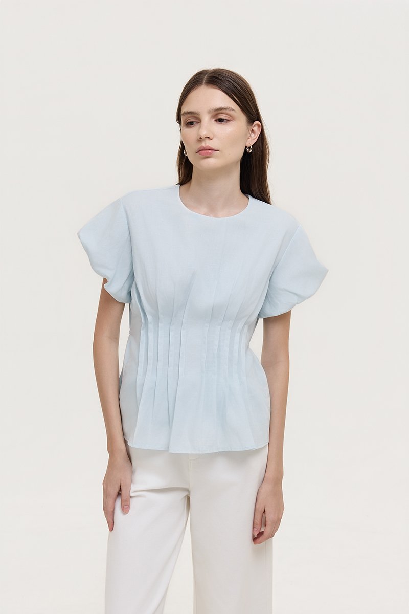 HALLIA PUFF SLEEVES PLEATED LINEN TOP