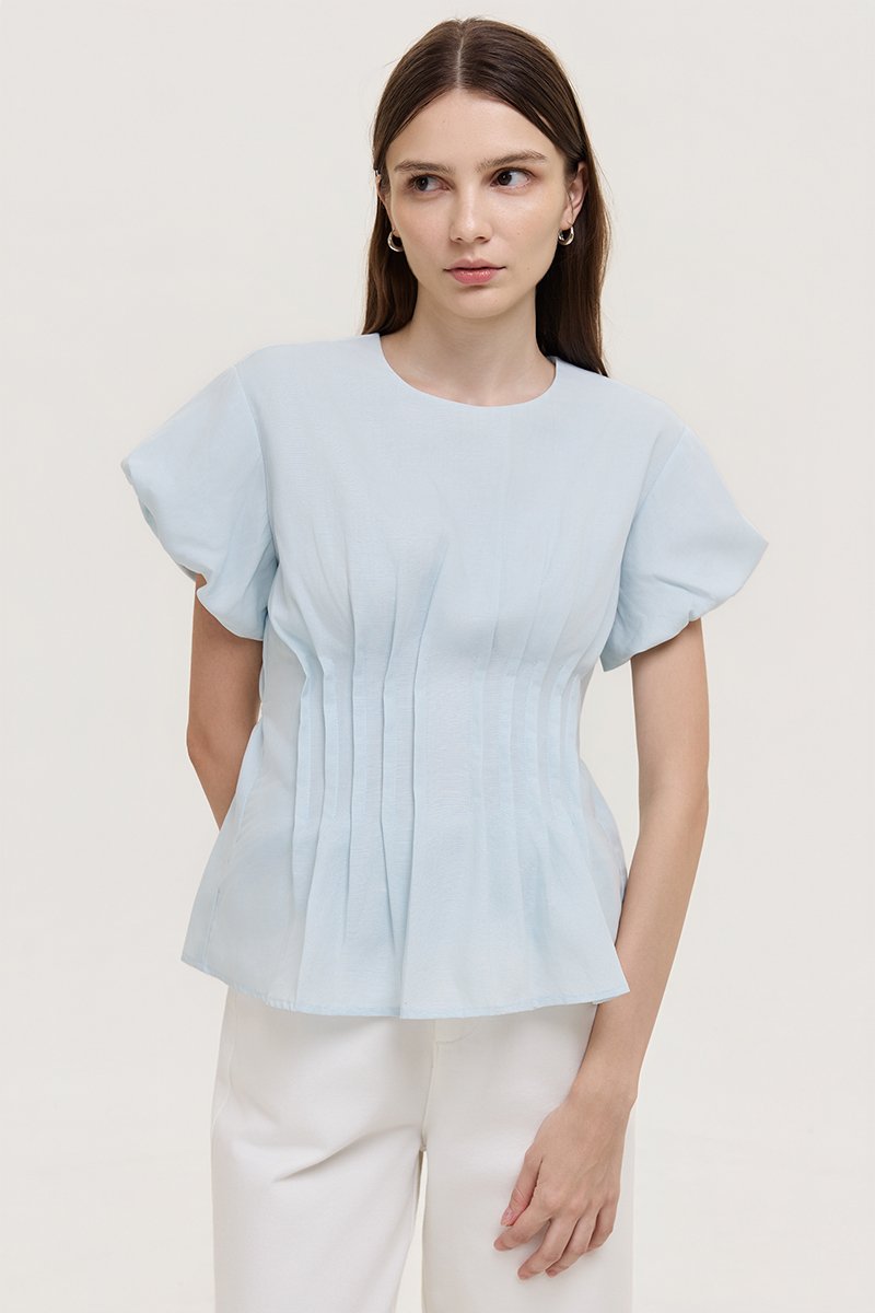 HALLIA PUFF SLEEVES PLEATED LINEN TOP