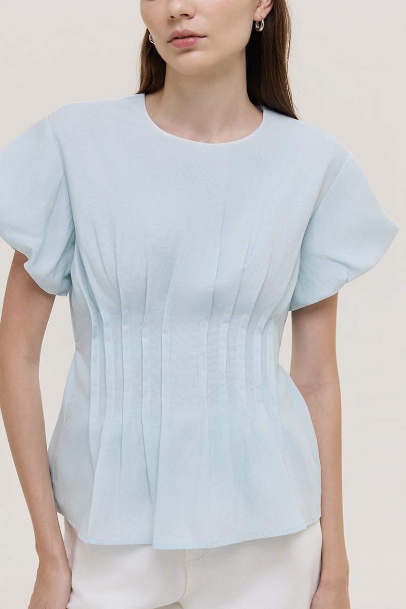 HALLIA PUFF SLEEVES PLEATED LINEN TOP