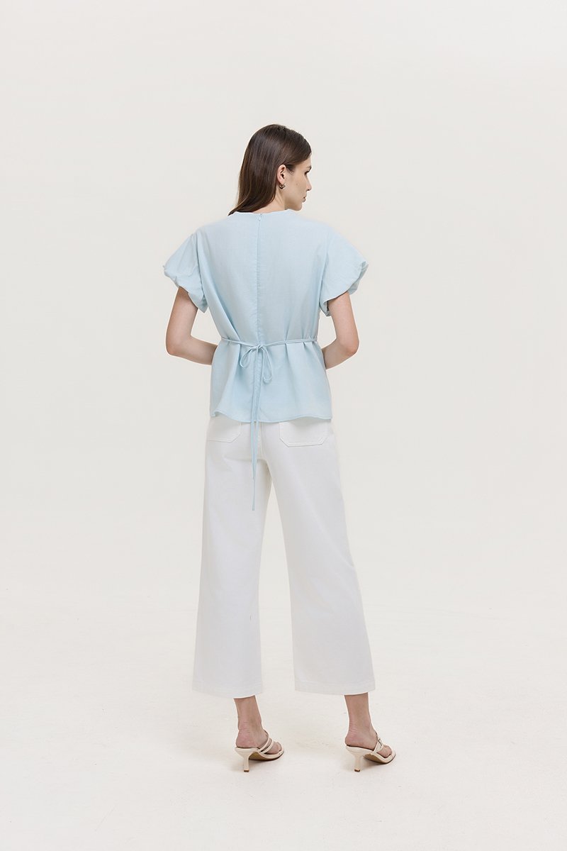 HALLIA PUFF SLEEVES PLEATED LINEN TOP