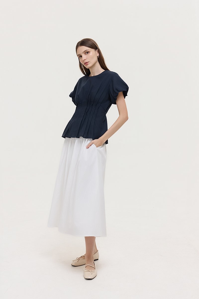 HALLIA PUFF SLEEVES PLEATED LINEN TOP