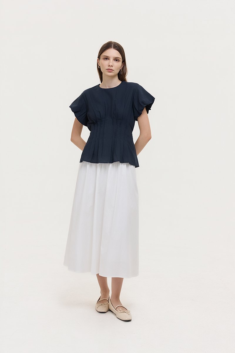 HALLIA PUFF SLEEVES PLEATED LINEN TOP