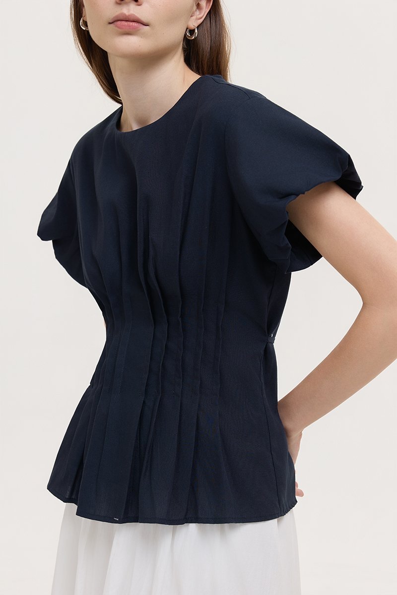 HALLIA PUFF SLEEVES PLEATED LINEN TOP