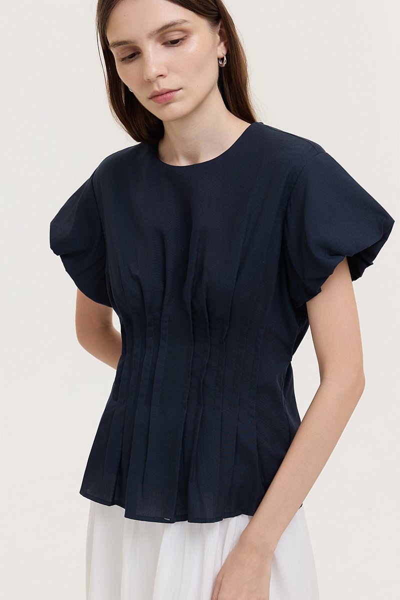 HALLIA PUFF SLEEVES PLEATED LINEN TOP