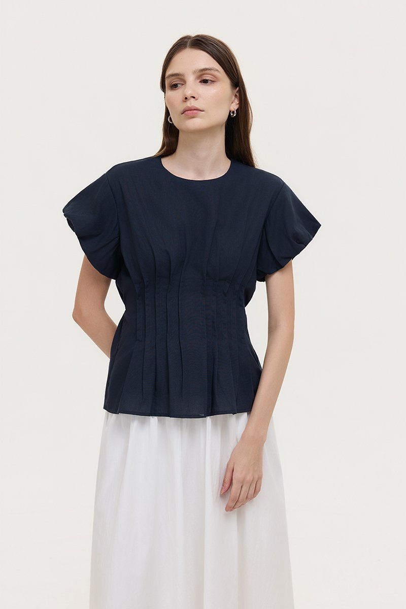 HALLIA PUFF SLEEVES PLEATED LINEN TOP