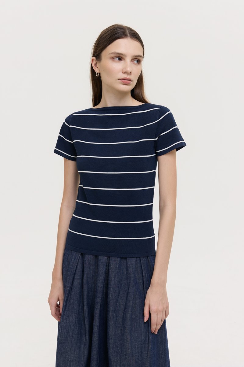 BRIGETTE BOAT NECK STRIPED KNIT TOP