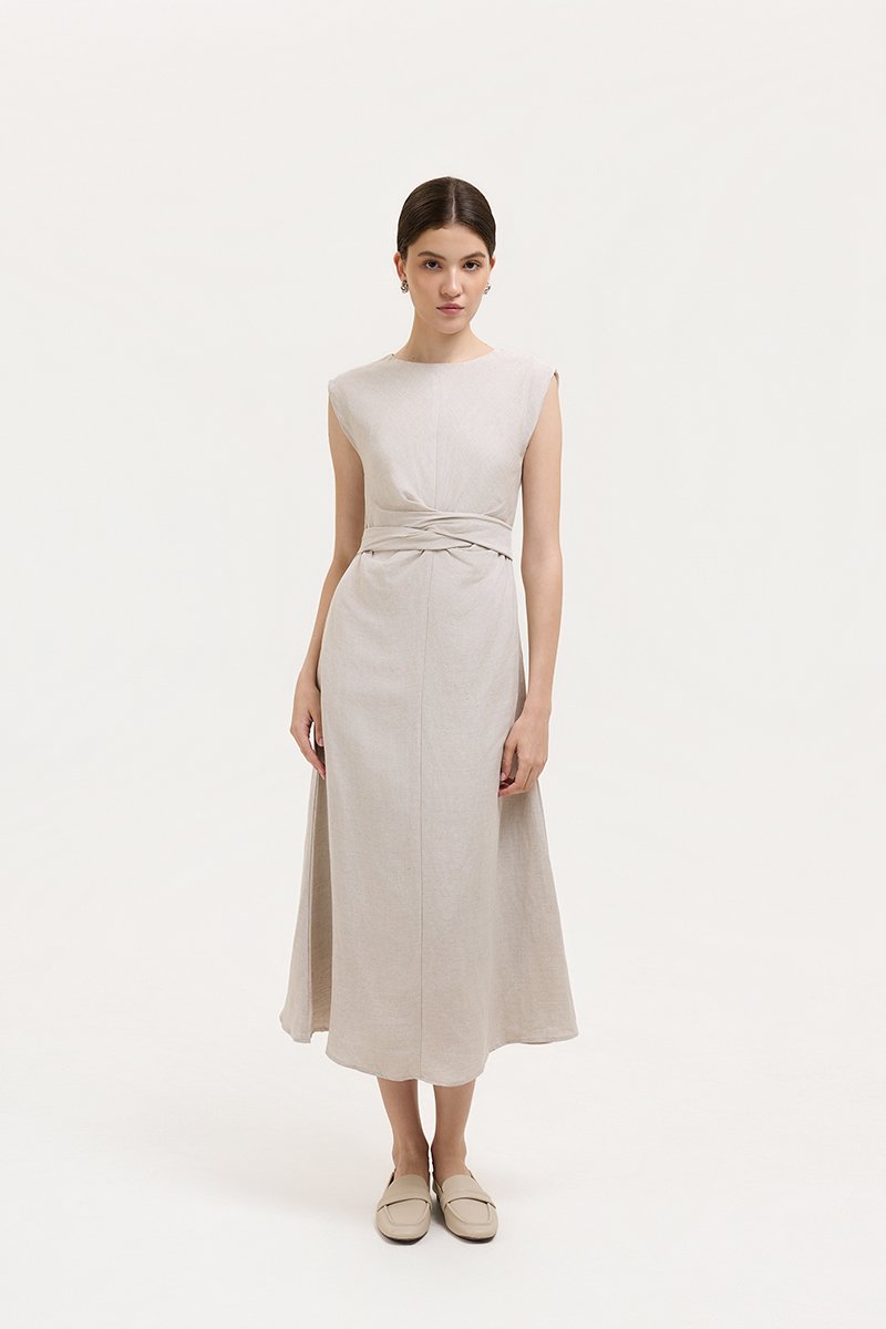 TABITHA CROSS FRONT MIDI LINEN DRESS
