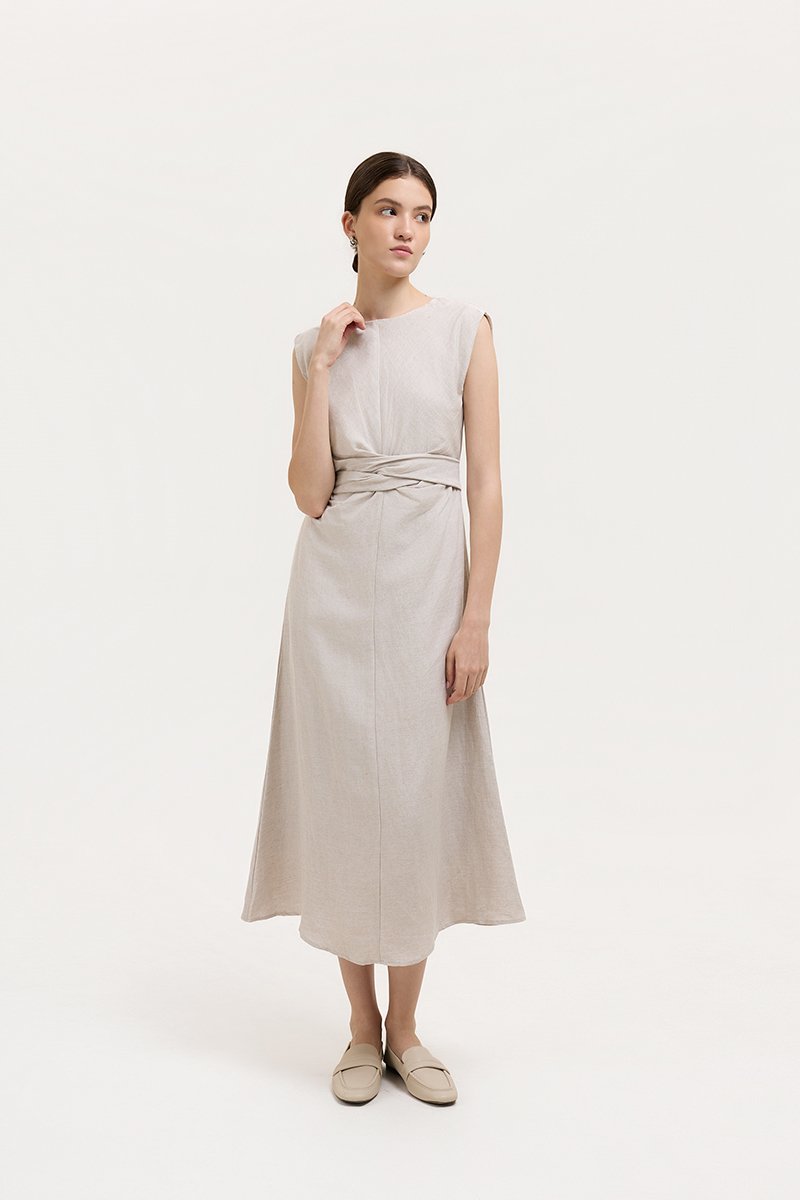 TABITHA CROSS FRONT MIDI LINEN DRESS