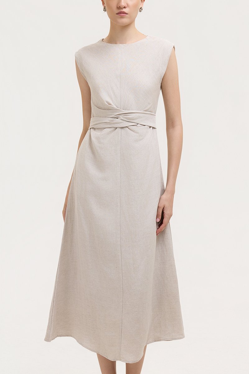 TABITHA CROSS FRONT MIDI LINEN DRESS