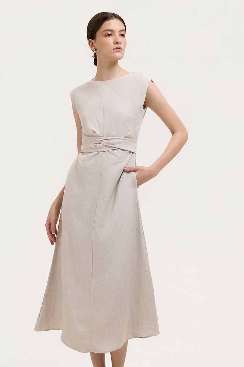 TABITHA CROSS FRONT MIDI LINEN DRESS