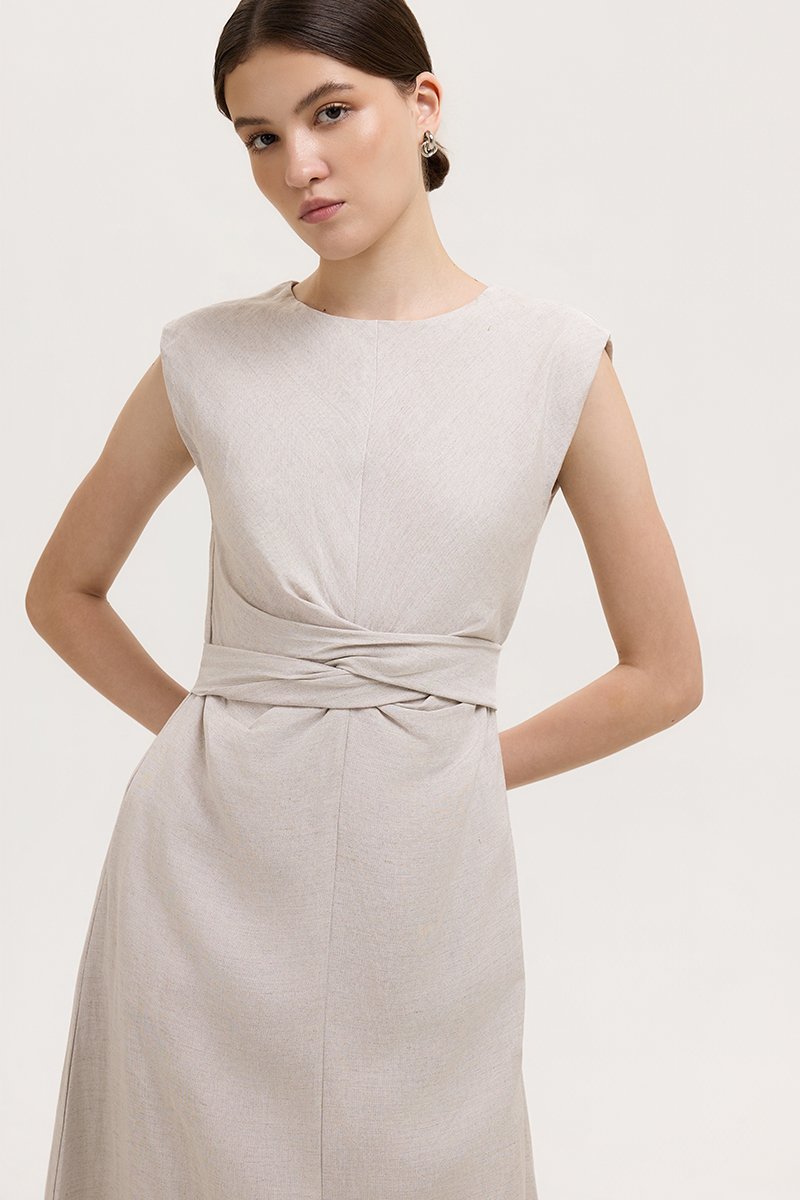 TABITHA CROSS FRONT MIDI LINEN DRESS