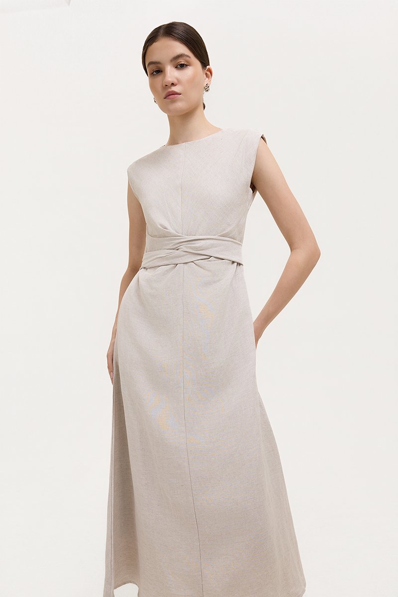 TABITHA CROSS FRONT MIDI LINEN DRESS