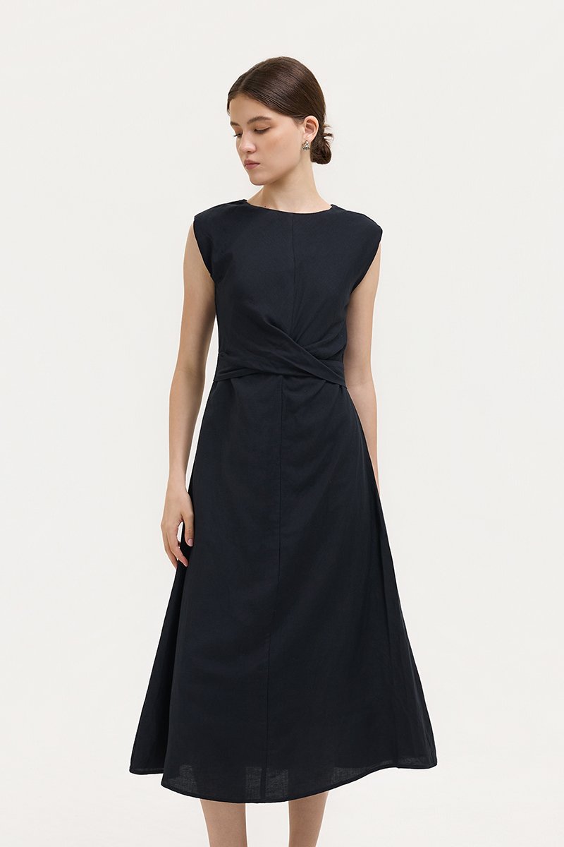 TABITHA CROSS FRONT MIDI LINEN DRESS