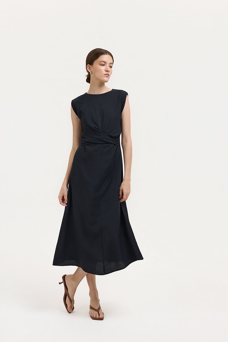 TABITHA CROSS FRONT MIDI LINEN DRESS