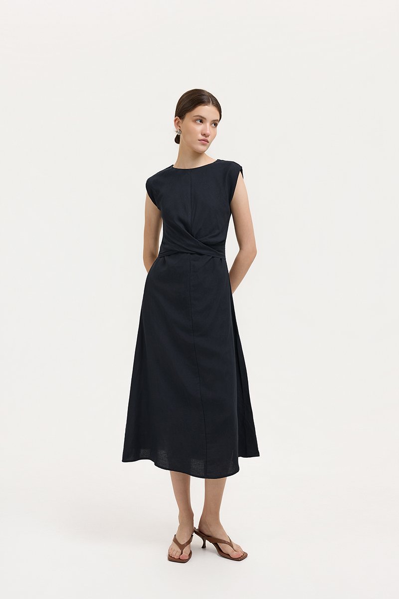 TABITHA CROSS FRONT MIDI LINEN DRESS
