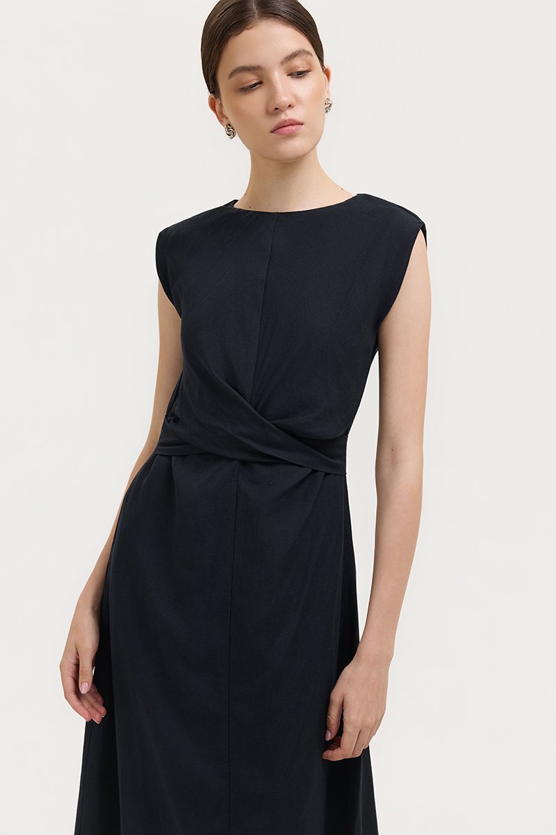 TABITHA CROSS FRONT MIDI LINEN DRESS