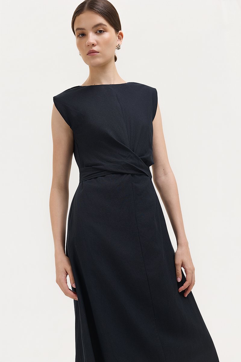 TABITHA CROSS FRONT MIDI LINEN DRESS