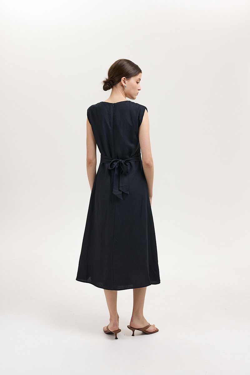 TABITHA CROSS FRONT MIDI LINEN DRESS