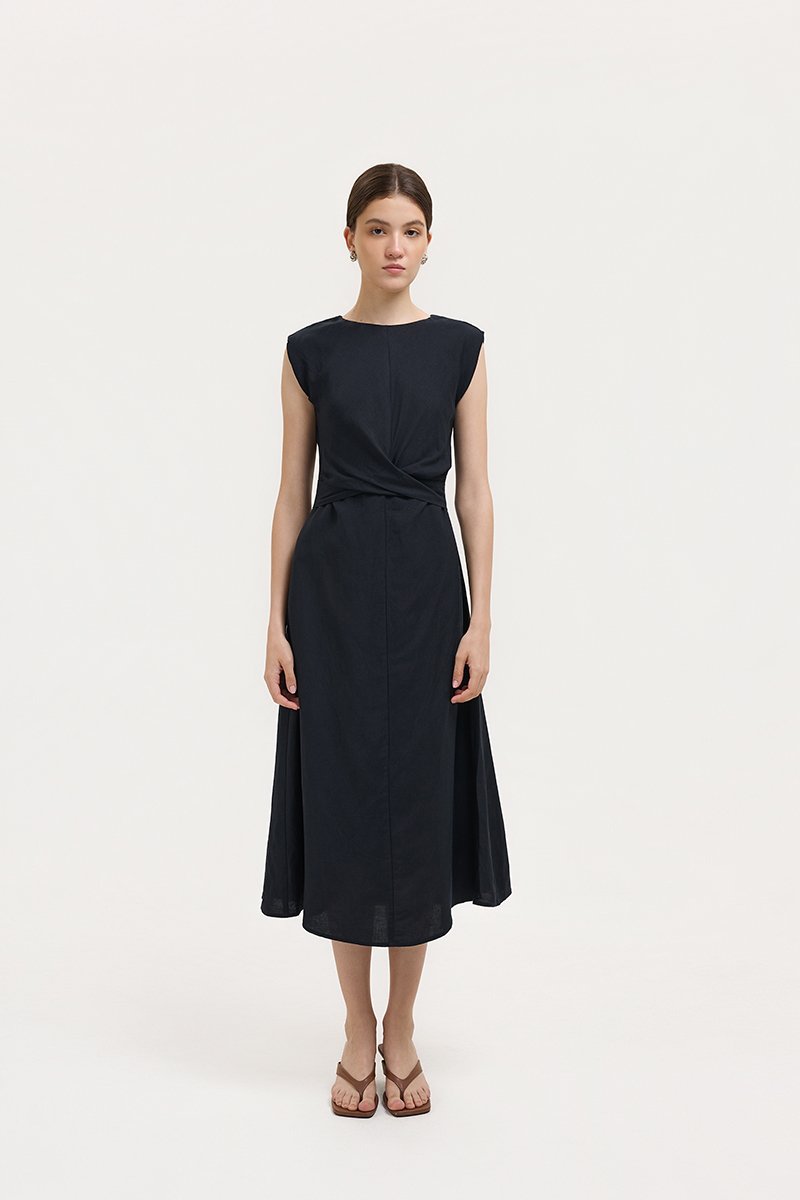 TABITHA CROSS FRONT MIDI LINEN DRESS