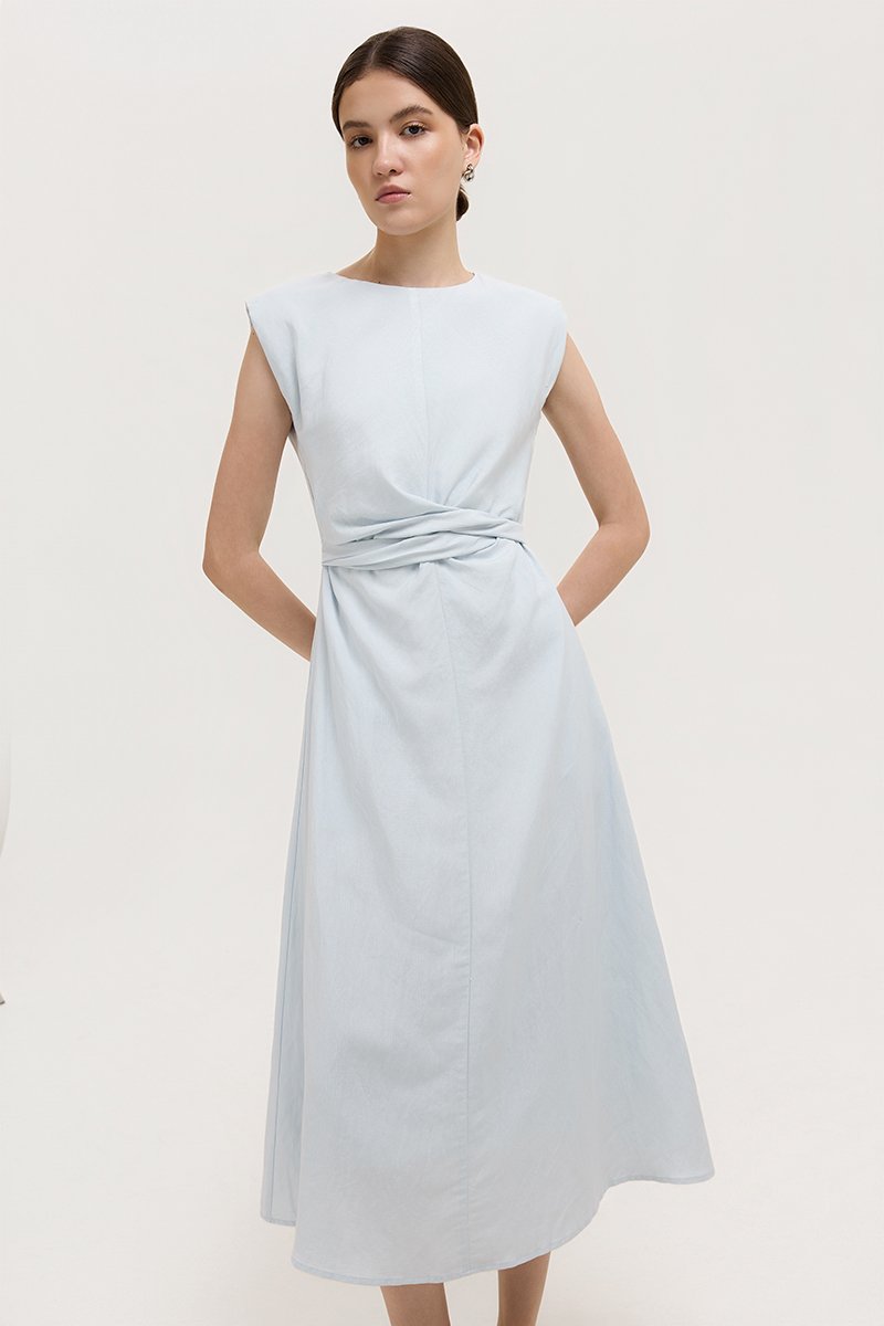 TABITHA CROSS FRONT MIDI LINEN DRESS